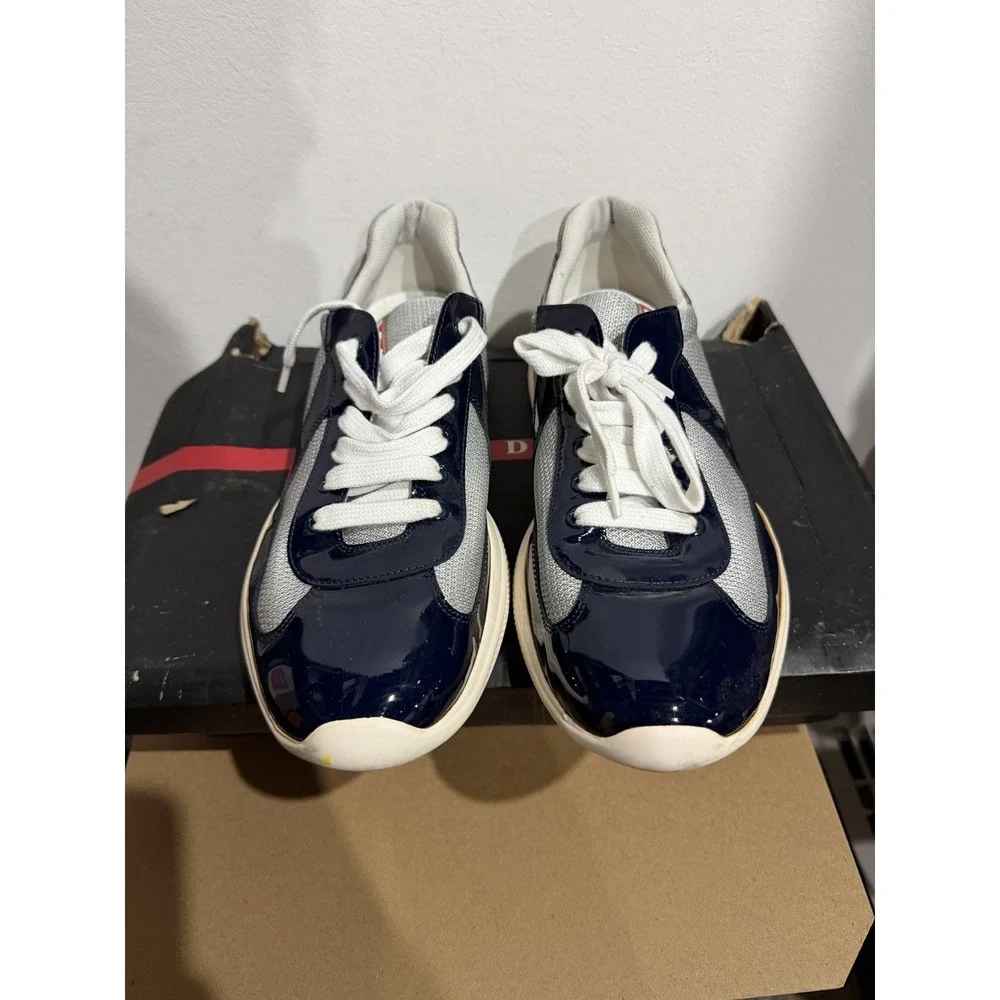 Prada Vernice Bike Patent Mesh Sneakers Navy/Silver Mens Size 11